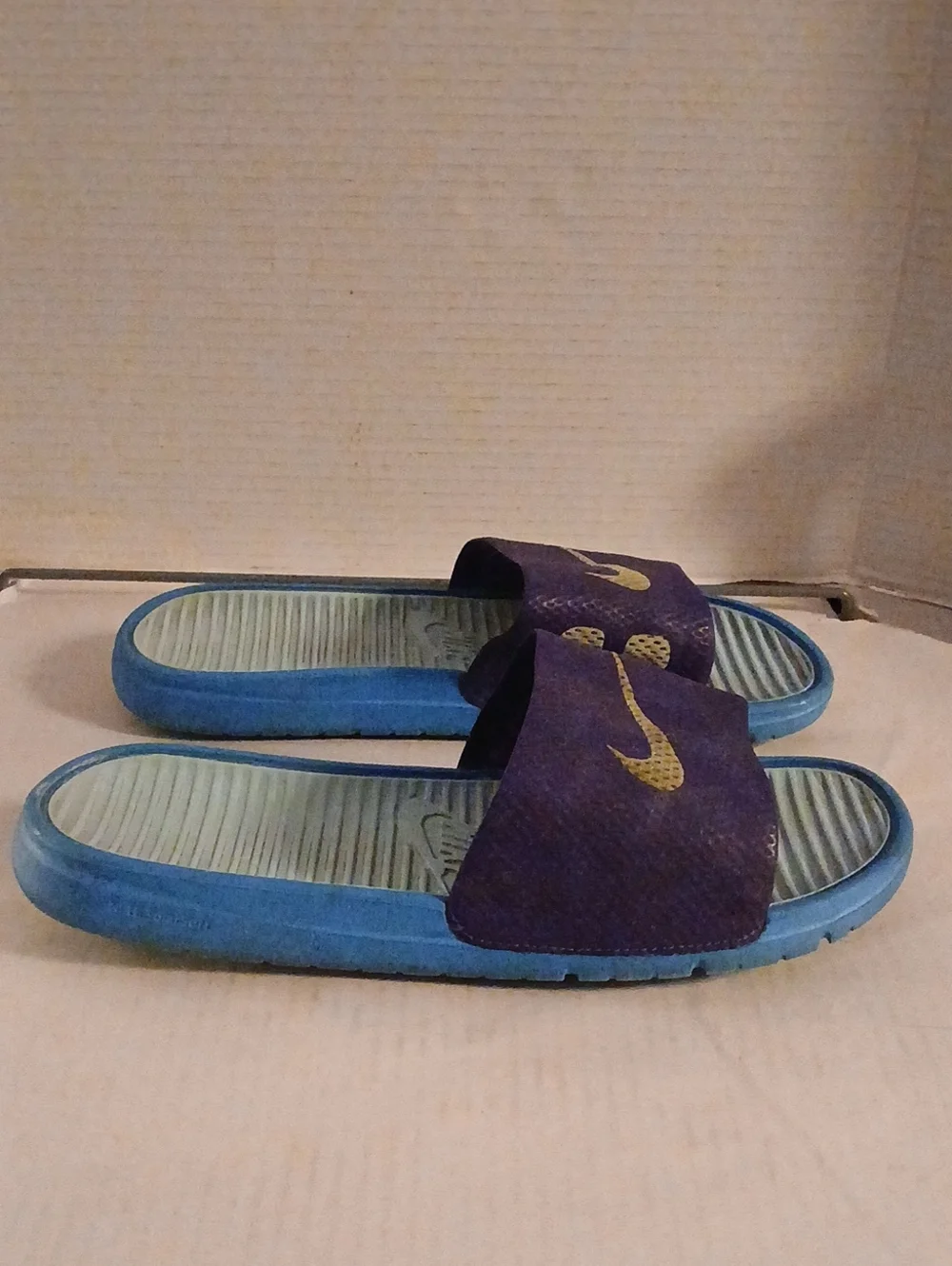 Nike Burgundy Slides with Purple Swoosh and Blue Trim
